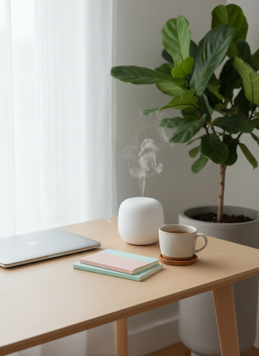 A serene home workspace designed for mental wellness: a light birch desk with a matte surface, a closed silver laptop, and a small stack of pastel-colored notebooks with neatly aligned edges. A ceramic mug of herbal tea with a translucent amber hue sits on a cork coaster, next to a compact white diffuser emitting a thin trail of mist. In the background, a large leafy plant in a simple concrete pot softens the scene. Soft, overcast natural light filters through a sheer curtain, creating an even, non-distracting illumination. Photographed at eye level with rule-of-thirds composition and realistic clarity, the mood is focused, calm, and gently motivating.