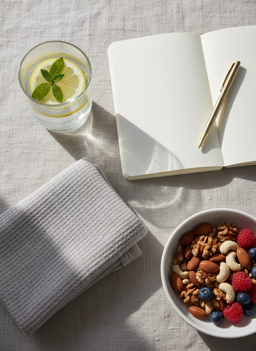 A neatly arranged flat lay of wellness essentials on a pale linen surface: a glass of infused water with floating lemon slices and fresh mint, a small open journal with crisp cream pages and a gold pen, a folded heather-gray organic cotton towel, and a smooth ceramic bowl filled with mixed nuts and berries. Soft morning daylight streams in from the left, creating gentle shadows and subtle highlights on glass and metal. The mood is calm, professional, and aspirational. Photographed from a bird’s-eye view with a clean, minimalist composition and shallow depth of field, in polished photographic realism that suits an educational wellness blog header.