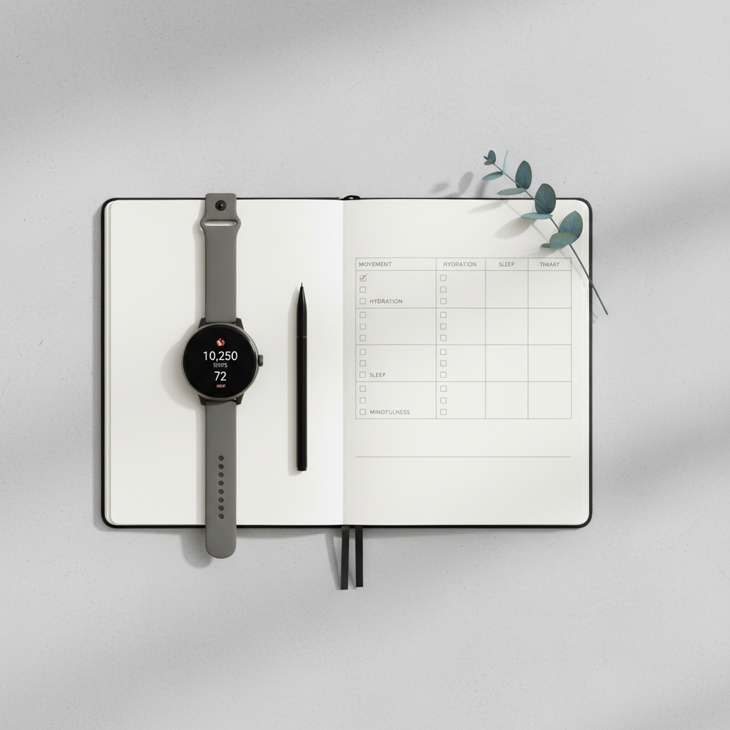 A minimalist wellness tracking scene on a light concrete surface: an open planner displaying a clean weekly habit tracker layout with tidy checkboxes labeled for movement, hydration, sleep, and mindfulness. Beside it lies a sleek graphite-gray smartwatch with its screen showing step count and heart rate, and a fine-tip black pen aligned parallel to the planner’s spine. A small sprig of eucalyptus rests casually near the top corner, adding an organic touch. Soft, diffused daylight from above creates gentle, barely-there shadows, emphasizing clarity and order. Captured from directly overhead with crisp focus across the frame, the photographic style is modern, professional, and quietly empowering for behavior change.