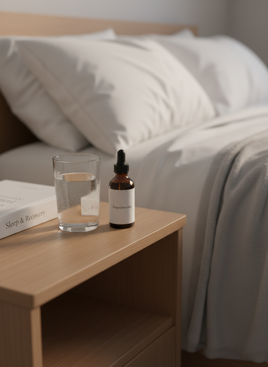 A close-up of a wooden bedside table made of light oak with a smooth matte finish, featuring a clear glass of water beaded with condensation, an amber glass dropper bottle of supplements with a simple white label, and a hardcover book titled with a subtle embossed “Sleep & Recovery” theme. Behind them, a neatly made bed with white cotton sheets and a soft dove-gray blanket is slightly out of focus. Warm, diffused evening light from an unseen lamp casts gentle, comforting shadows. Shot at eye level with a slightly angled composition, this photographic, realistic scene conveys restful, science-backed nighttime wellness in a clean and professional style.