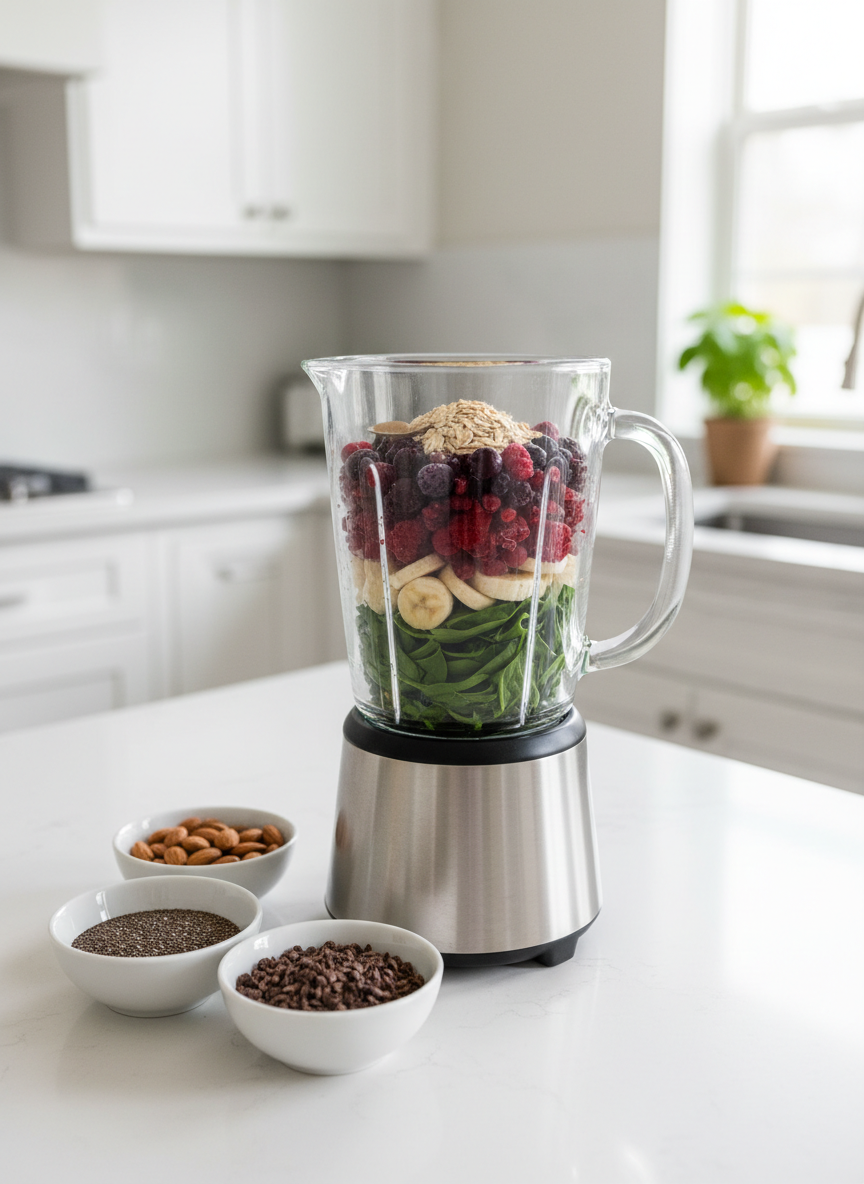 An organized, modern kitchen counter in white quartz, holding a high-speed blender filled with layered ingredients: vibrant spinach, frozen berries, a sliced banana, and a spoonful of oats perched on top. Nearby, small ceramic bowls contain chia seeds, almonds, and cacao nibs, arranged with deliberate precision. In the background, blurred white shaker cabinets and a small potted herb plant add context. Bright, natural daylight from a large window to the right illuminates the scene, creating crisp highlights on glass and metal. Captured from a slightly elevated angle with sharp focus on the blender and shallow depth behind, the photographic image feels clean, empowering, and health-forward.